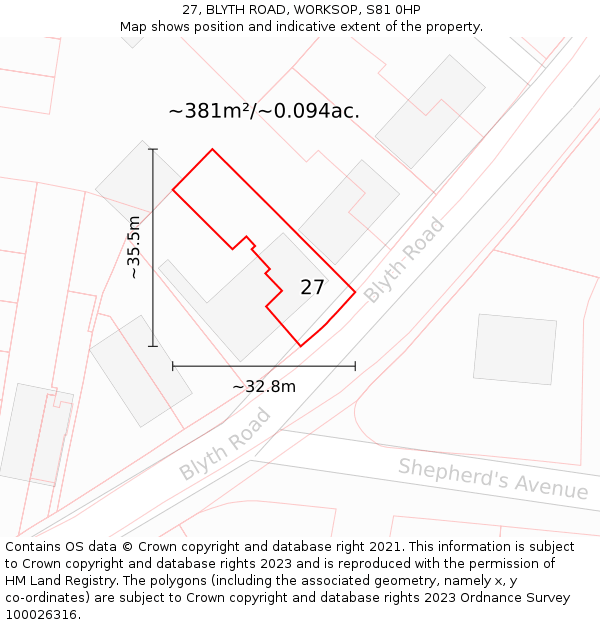 27, BLYTH ROAD, WORKSOP, S81 0HP: Plot and title map