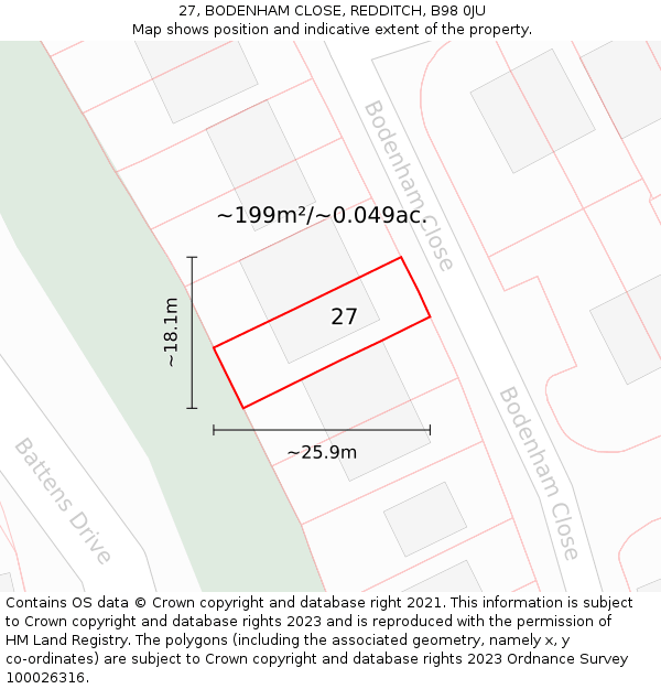 27, BODENHAM CLOSE, REDDITCH, B98 0JU: Plot and title map