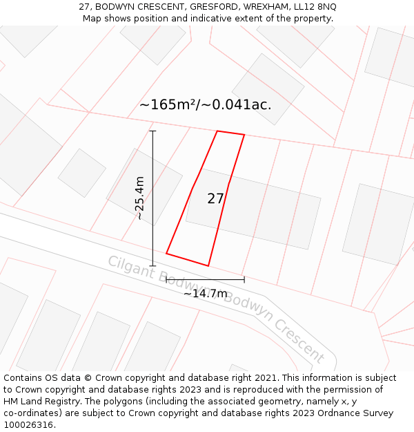 27, BODWYN CRESCENT, GRESFORD, WREXHAM, LL12 8NQ: Plot and title map