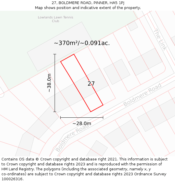 27, BOLDMERE ROAD, PINNER, HA5 1PJ: Plot and title map