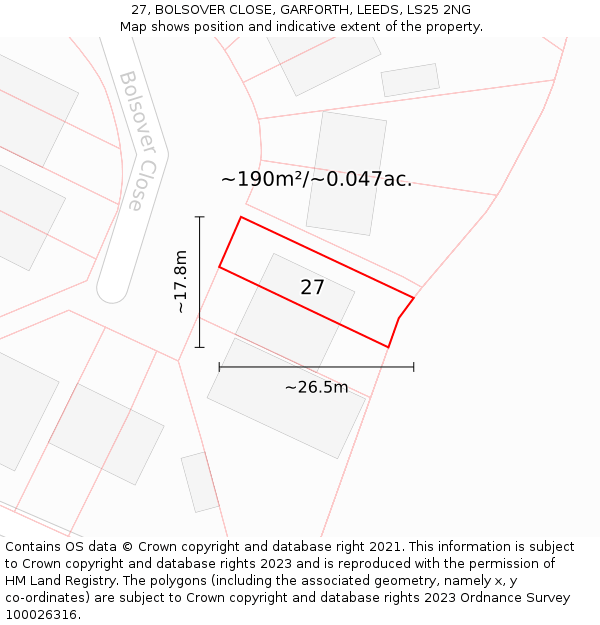 27, BOLSOVER CLOSE, GARFORTH, LEEDS, LS25 2NG: Plot and title map