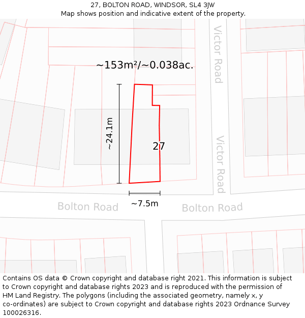27, BOLTON ROAD, WINDSOR, SL4 3JW: Plot and title map