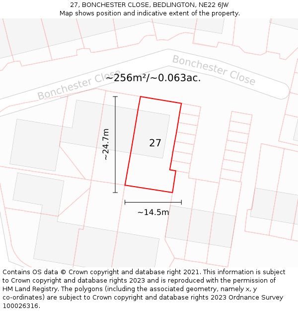 27, BONCHESTER CLOSE, BEDLINGTON, NE22 6JW: Plot and title map