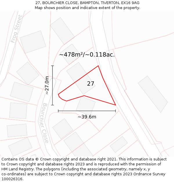 27, BOURCHIER CLOSE, BAMPTON, TIVERTON, EX16 9AG: Plot and title map