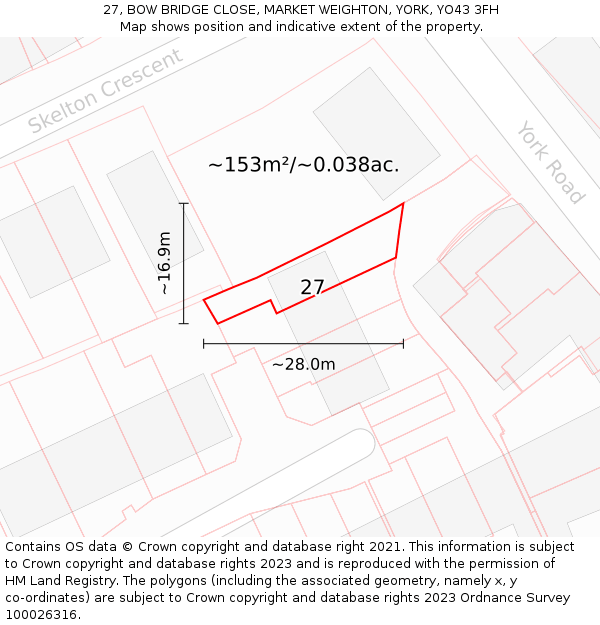 27, BOW BRIDGE CLOSE, MARKET WEIGHTON, YORK, YO43 3FH: Plot and title map