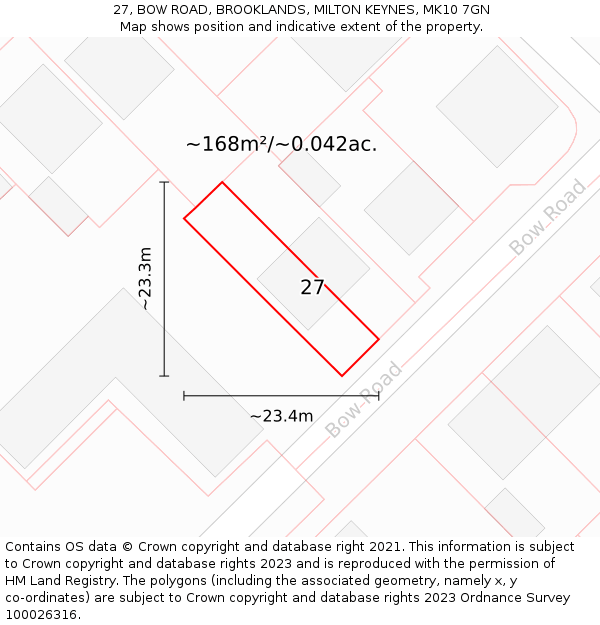 27, BOW ROAD, BROOKLANDS, MILTON KEYNES, MK10 7GN: Plot and title map