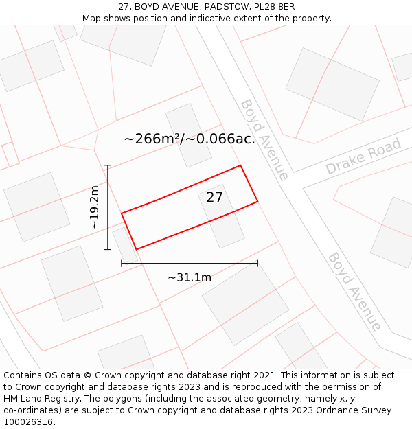 27, BOYD AVENUE, PADSTOW, PL28 8ER: Plot and title map