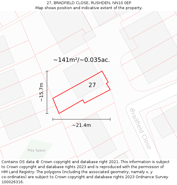 27, BRADFIELD CLOSE, RUSHDEN, NN10 0EP: Plot and title map