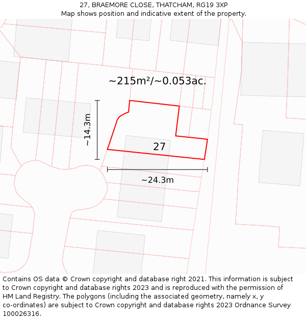 27, BRAEMORE CLOSE, THATCHAM, RG19 3XP: Plot and title map