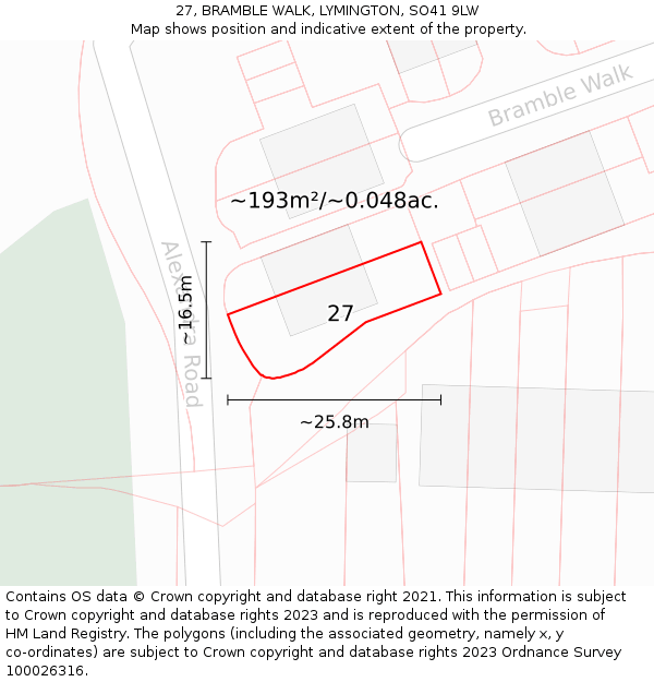 27, BRAMBLE WALK, LYMINGTON, SO41 9LW: Plot and title map