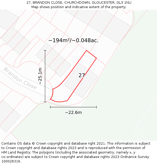 27, BRANDON CLOSE, CHURCHDOWN, GLOUCESTER, GL3 1NU: Plot and title map