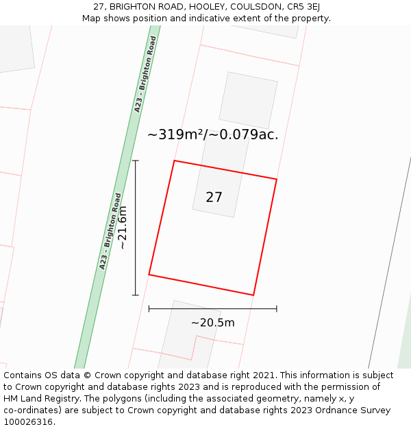27, BRIGHTON ROAD, HOOLEY, COULSDON, CR5 3EJ: Plot and title map