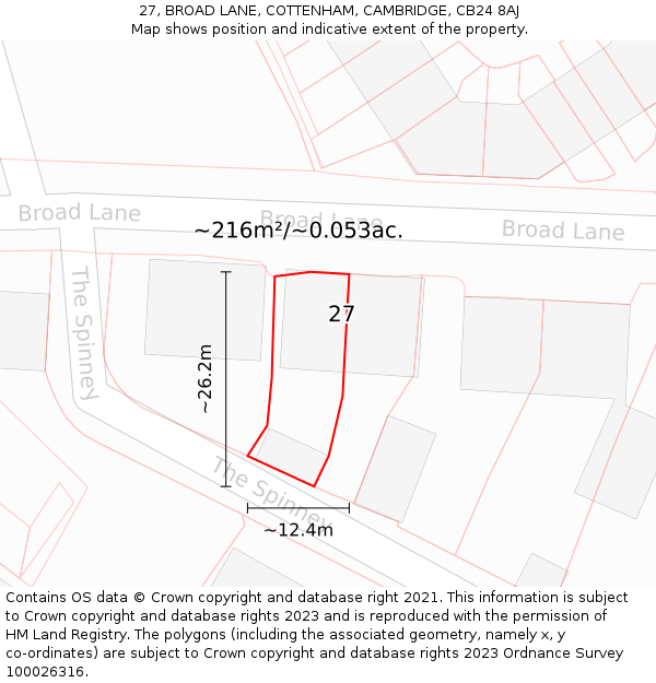 27, BROAD LANE, COTTENHAM, CAMBRIDGE, CB24 8AJ: Plot and title map
