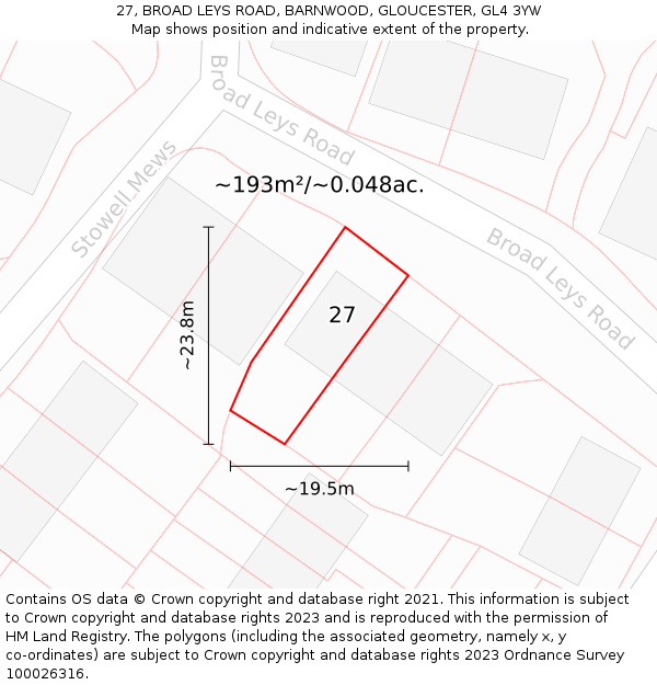27, BROAD LEYS ROAD, BARNWOOD, GLOUCESTER, GL4 3YW: Plot and title map