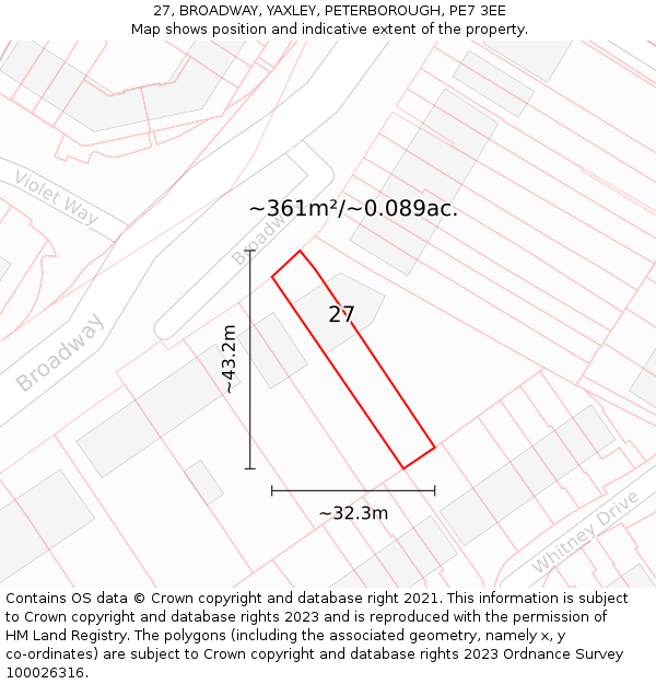 27, BROADWAY, YAXLEY, PETERBOROUGH, PE7 3EE: Plot and title map