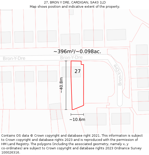 27, BRON Y DRE, CARDIGAN, SA43 1LD: Plot and title map