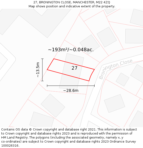 27, BRONINGTON CLOSE, MANCHESTER, M22 4ZQ: Plot and title map