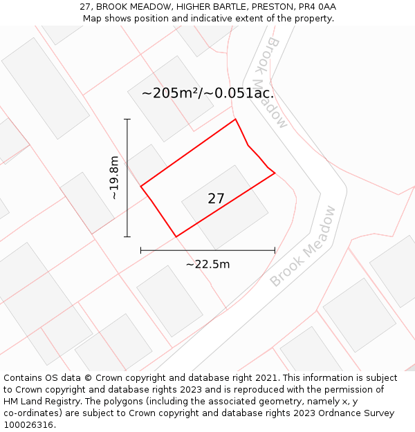 27, BROOK MEADOW, HIGHER BARTLE, PRESTON, PR4 0AA: Plot and title map