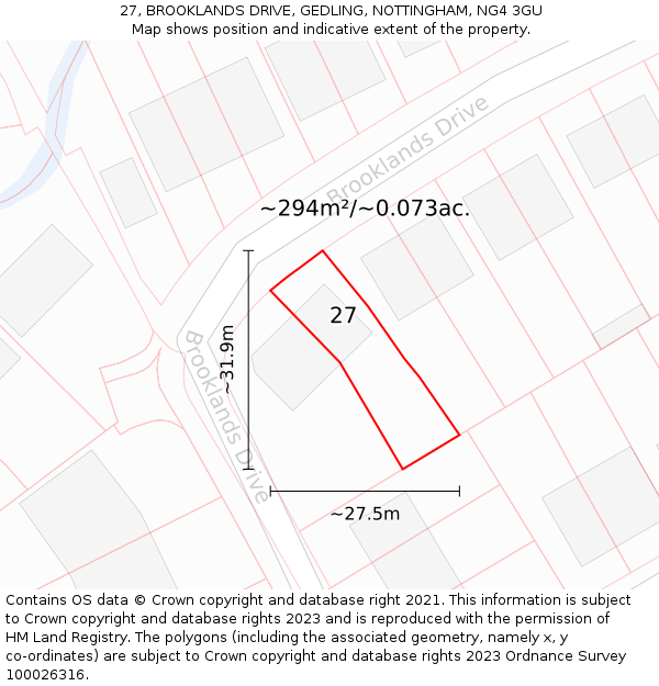 27, BROOKLANDS DRIVE, GEDLING, NOTTINGHAM, NG4 3GU: Plot and title map