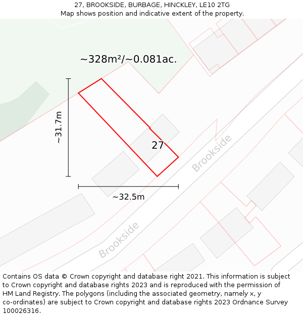 27, BROOKSIDE, BURBAGE, HINCKLEY, LE10 2TG: Plot and title map