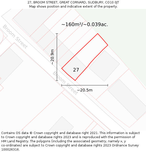 27, BROOM STREET, GREAT CORNARD, SUDBURY, CO10 0JT: Plot and title map