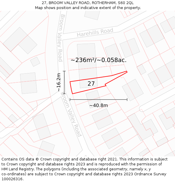 27, BROOM VALLEY ROAD, ROTHERHAM, S60 2QL: Plot and title map