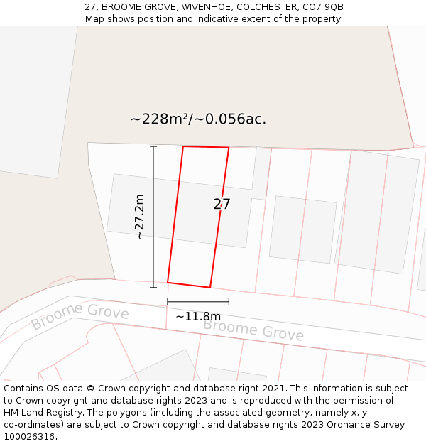 27, BROOME GROVE, WIVENHOE, COLCHESTER, CO7 9QB: Plot and title map