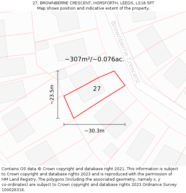 27, BROWNBERRIE CRESCENT, HORSFORTH, LEEDS, LS18 5PT: Plot and title map