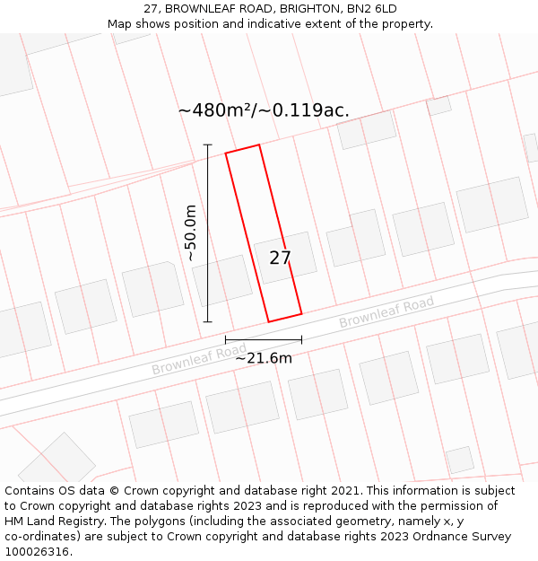 27, BROWNLEAF ROAD, BRIGHTON, BN2 6LD: Plot and title map