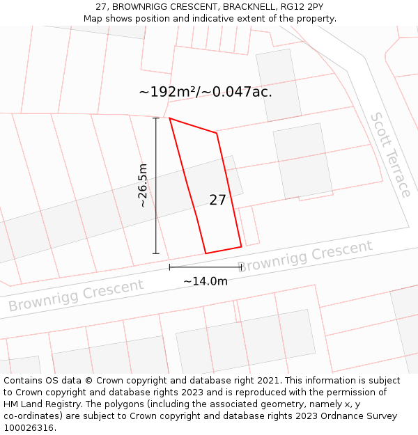 27, BROWNRIGG CRESCENT, BRACKNELL, RG12 2PY: Plot and title map