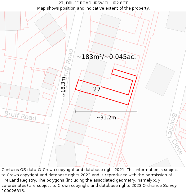 27, BRUFF ROAD, IPSWICH, IP2 8GT: Plot and title map