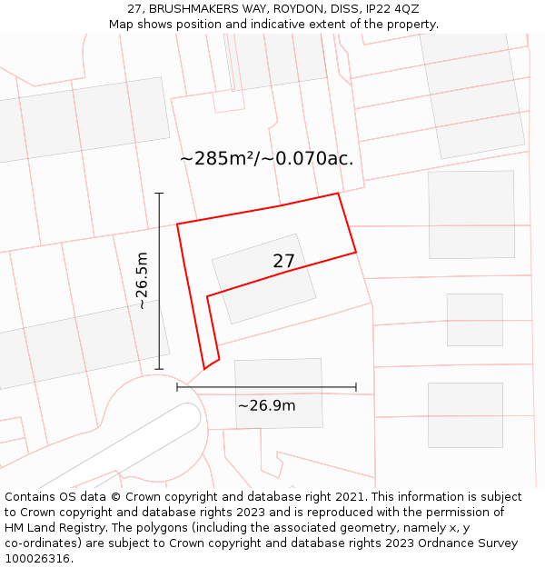 27, BRUSHMAKERS WAY, ROYDON, DISS, IP22 4QZ: Plot and title map