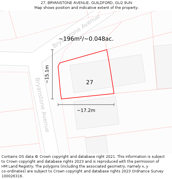 27, BRYANSTONE AVENUE, GUILDFORD, GU2 9UN: Plot and title map