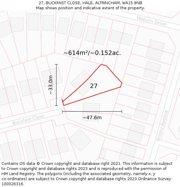 27, BUCKFAST CLOSE, HALE, ALTRINCHAM, WA15 8NB: Plot and title map
