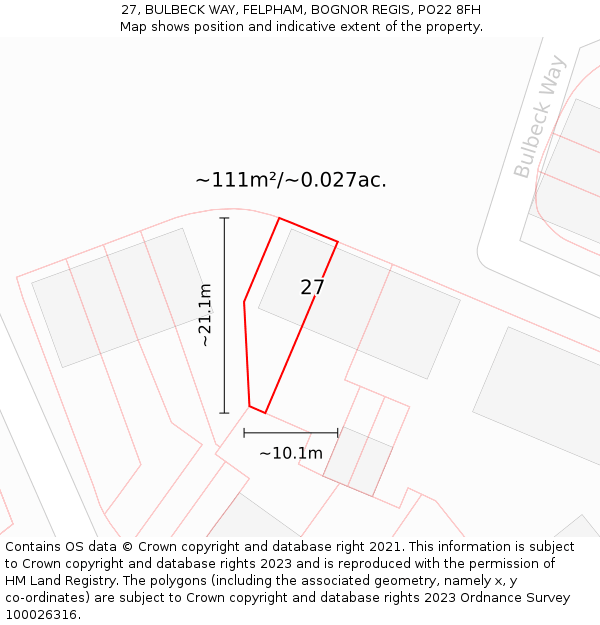 27, BULBECK WAY, FELPHAM, BOGNOR REGIS, PO22 8FH: Plot and title map