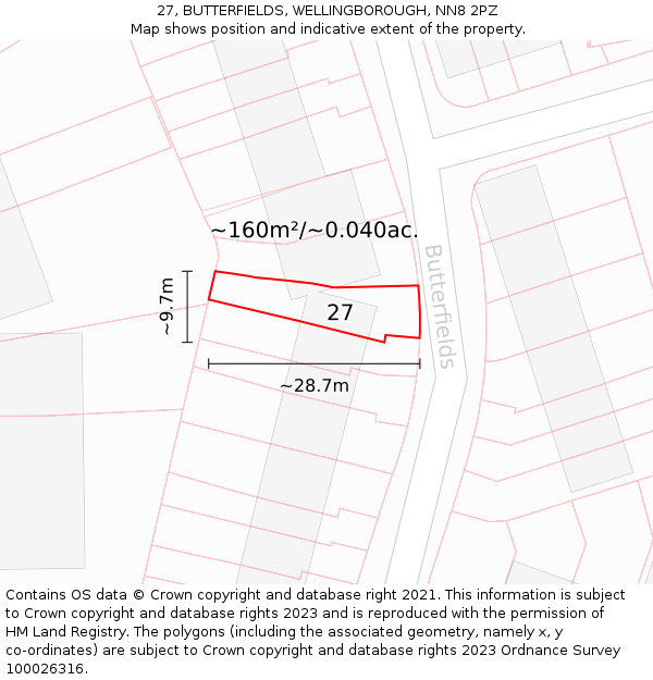 27, BUTTERFIELDS, WELLINGBOROUGH, NN8 2PZ: Plot and title map