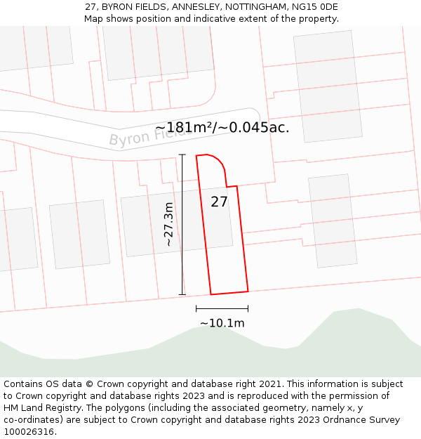 27, BYRON FIELDS, ANNESLEY, NOTTINGHAM, NG15 0DE: Plot and title map
