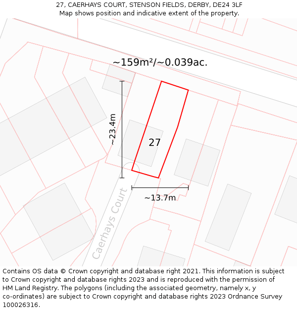 27, CAERHAYS COURT, STENSON FIELDS, DERBY, DE24 3LF: Plot and title map