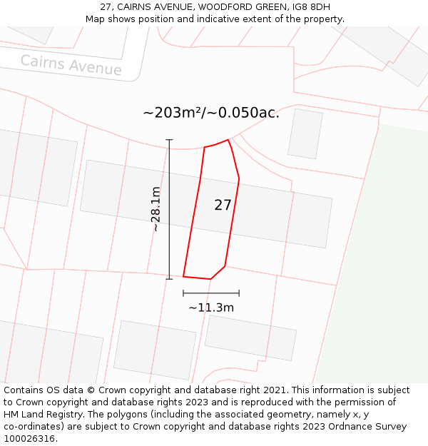 27, CAIRNS AVENUE, WOODFORD GREEN, IG8 8DH: Plot and title map