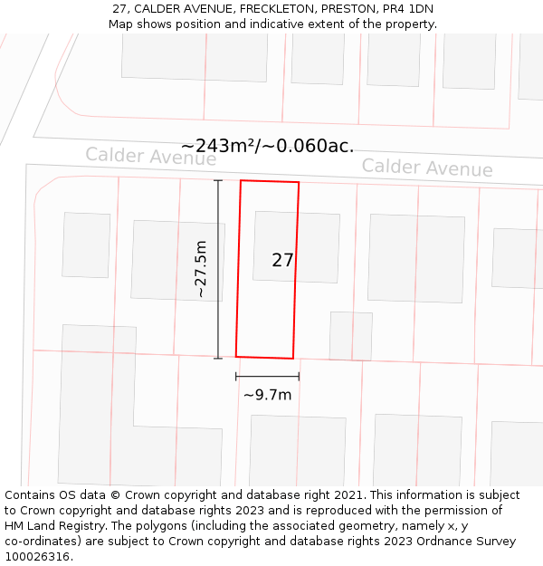 27, CALDER AVENUE, FRECKLETON, PRESTON, PR4 1DN: Plot and title map