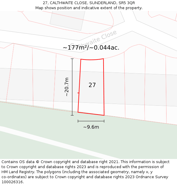 27, CALTHWAITE CLOSE, SUNDERLAND, SR5 3QR: Plot and title map
