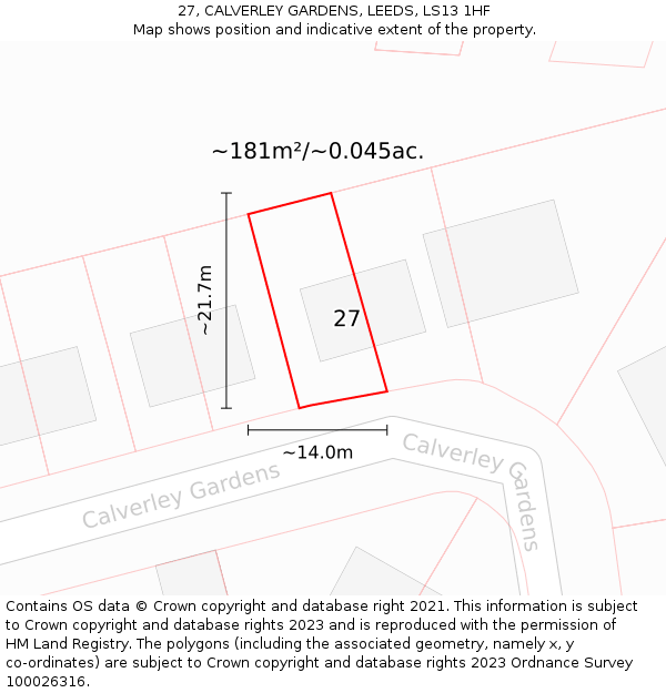 27, CALVERLEY GARDENS, LEEDS, LS13 1HF: Plot and title map