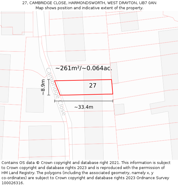 27, CAMBRIDGE CLOSE, HARMONDSWORTH, WEST DRAYTON, UB7 0AN: Plot and title map