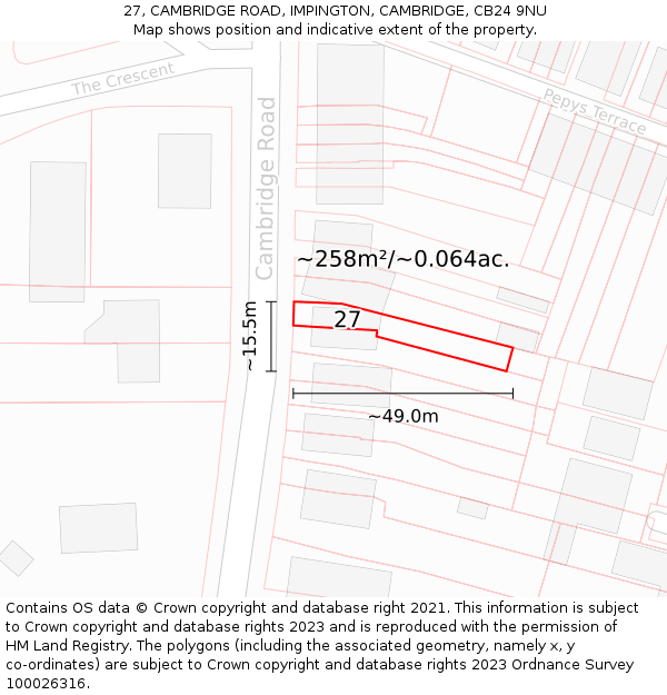 27, CAMBRIDGE ROAD, IMPINGTON, CAMBRIDGE, CB24 9NU: Plot and title map