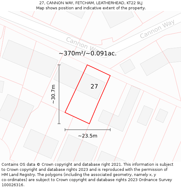 27, CANNON WAY, FETCHAM, LEATHERHEAD, KT22 9LJ: Plot and title map