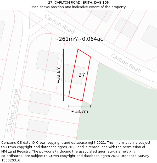 27, CARLTON ROAD, ERITH, DA8 1DN: Plot and title map