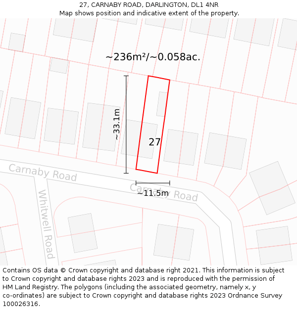 27, CARNABY ROAD, DARLINGTON, DL1 4NR: Plot and title map