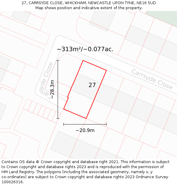 27, CARRSYDE CLOSE, WHICKHAM, NEWCASTLE UPON TYNE, NE16 5UD: Plot and title map