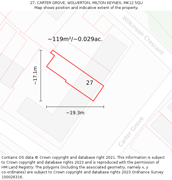 27, CARTER GROVE, WOLVERTON, MILTON KEYNES, MK12 5QU: Plot and title map