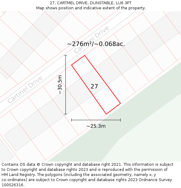 27, CARTMEL DRIVE, DUNSTABLE, LU6 3PT: Plot and title map